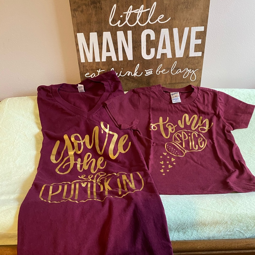 Mommy and me fall matching pumpkin spice shirts small and 2T maroon color